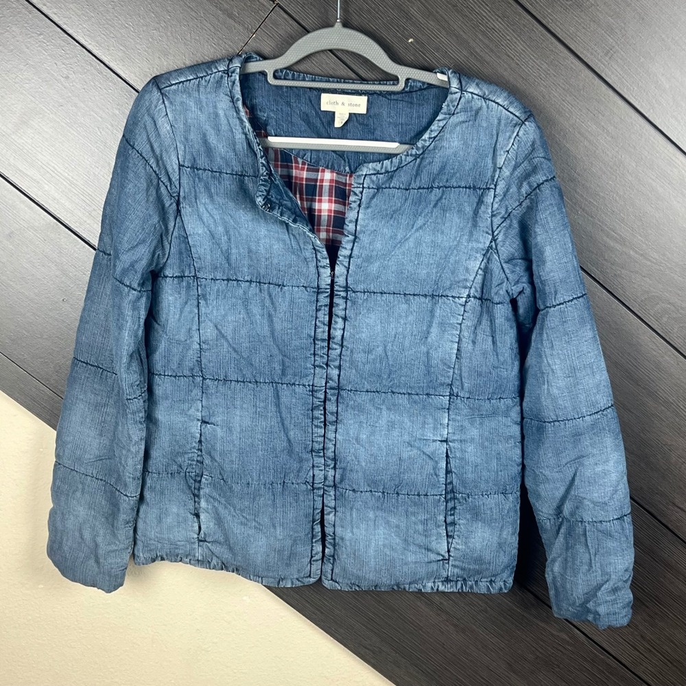 Cloth & Stone Women S Quilted Jacket Tencel Denim Look Plaid Lined Blue Puffer‎